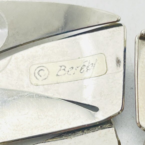 Berebi Signed Blue Enamel Triangle Earrings Textured Silver Tone Curved Zig Zag - Picture 3 of 11